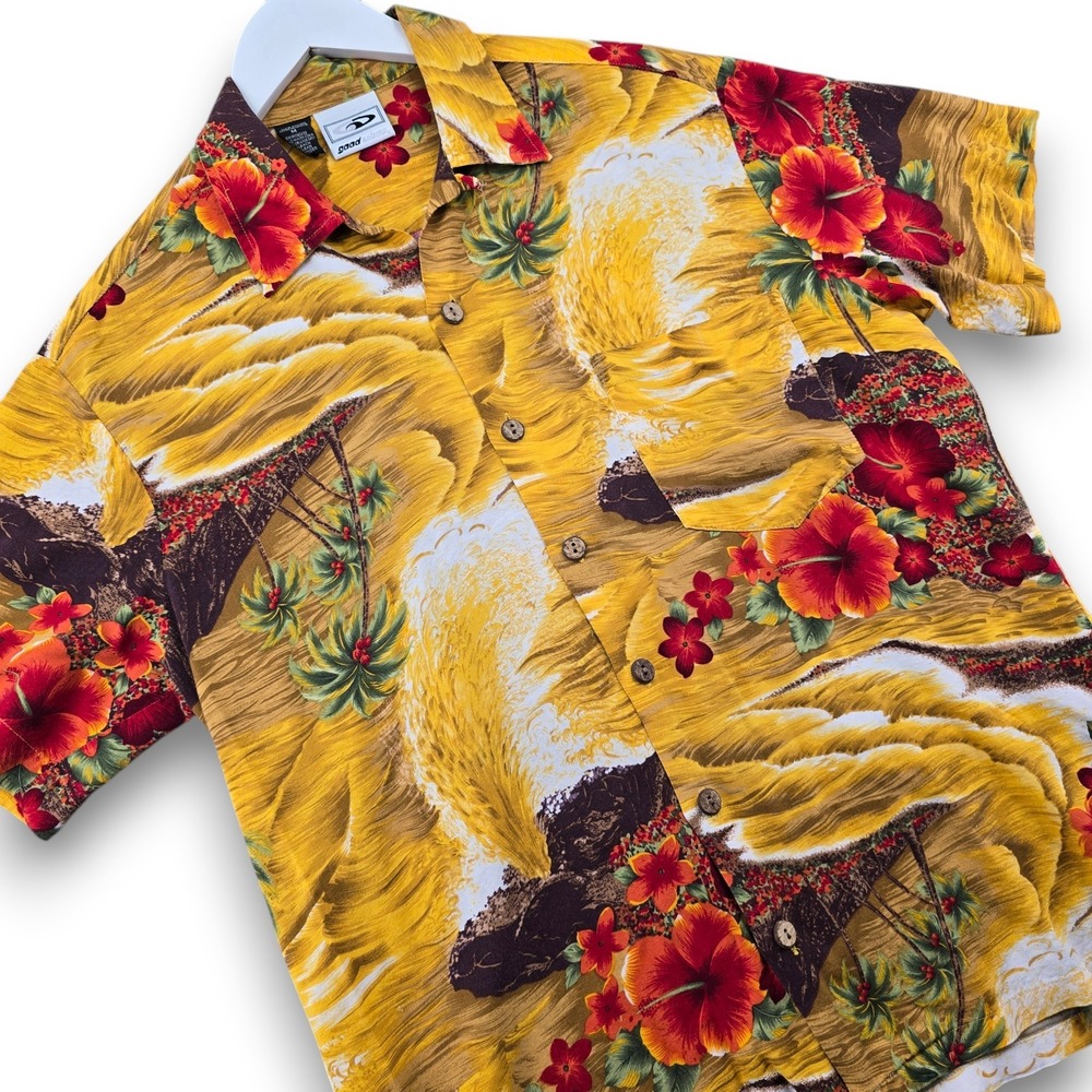 Good Vibes Hawaiian Shirt Mens Med Yellow Rayon Hibiscus Tropical Short Sleeve